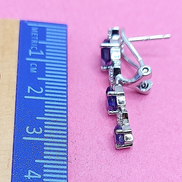 Natural Amethyst 6mm & CZ 14K White Gold Plate on 925 Sterling Silver Earrings - Picture 4 of 6
